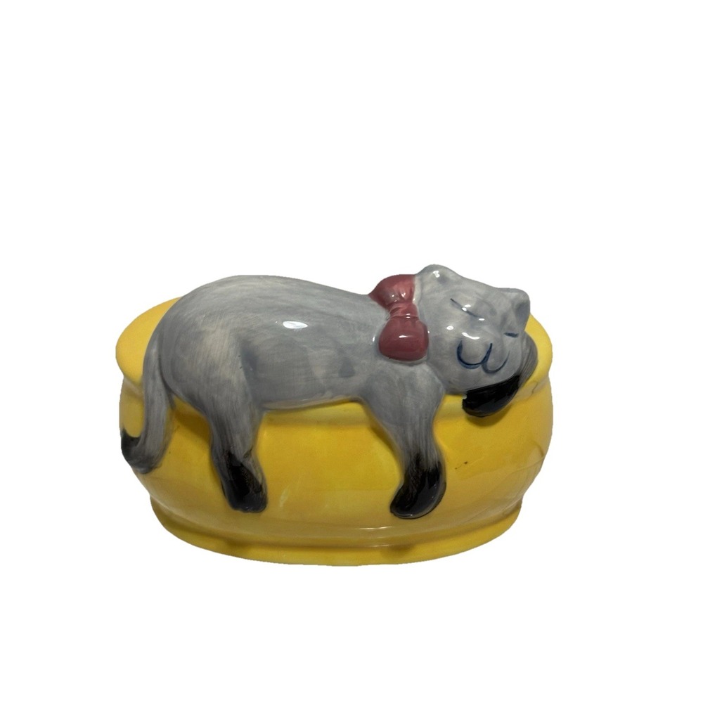 Vintage Ceramic Cat Planter With Gray Cat Napping On The Edge Of A Yellow Bowl
